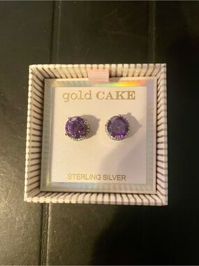 Gold CAKE Sterling Silver Purple Crystal Stud Earrings